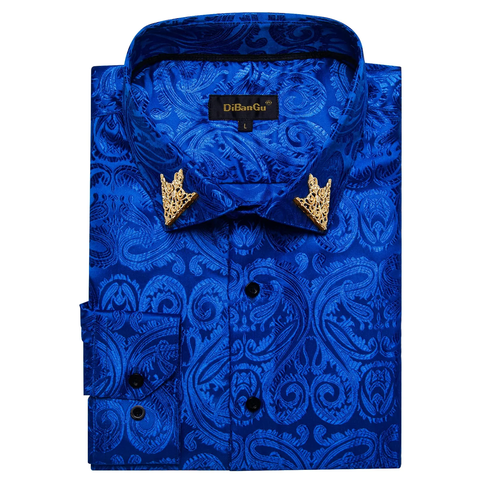 DiBanGu Shirt for Men Violet Blue Paisley Long Sleeve Silk Button Shirt