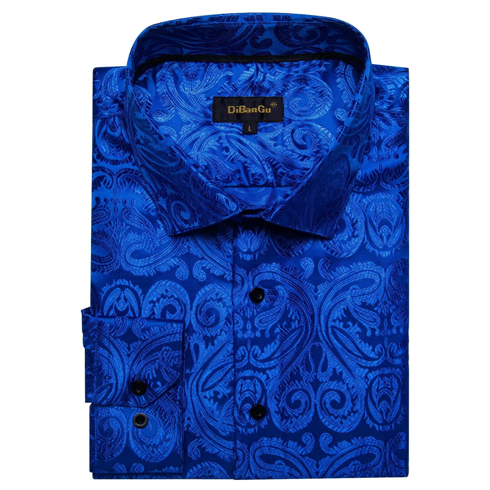 DiBanGu Shirt for Men Violet Blue Paisley Long Sleeve Silk Button Shirt