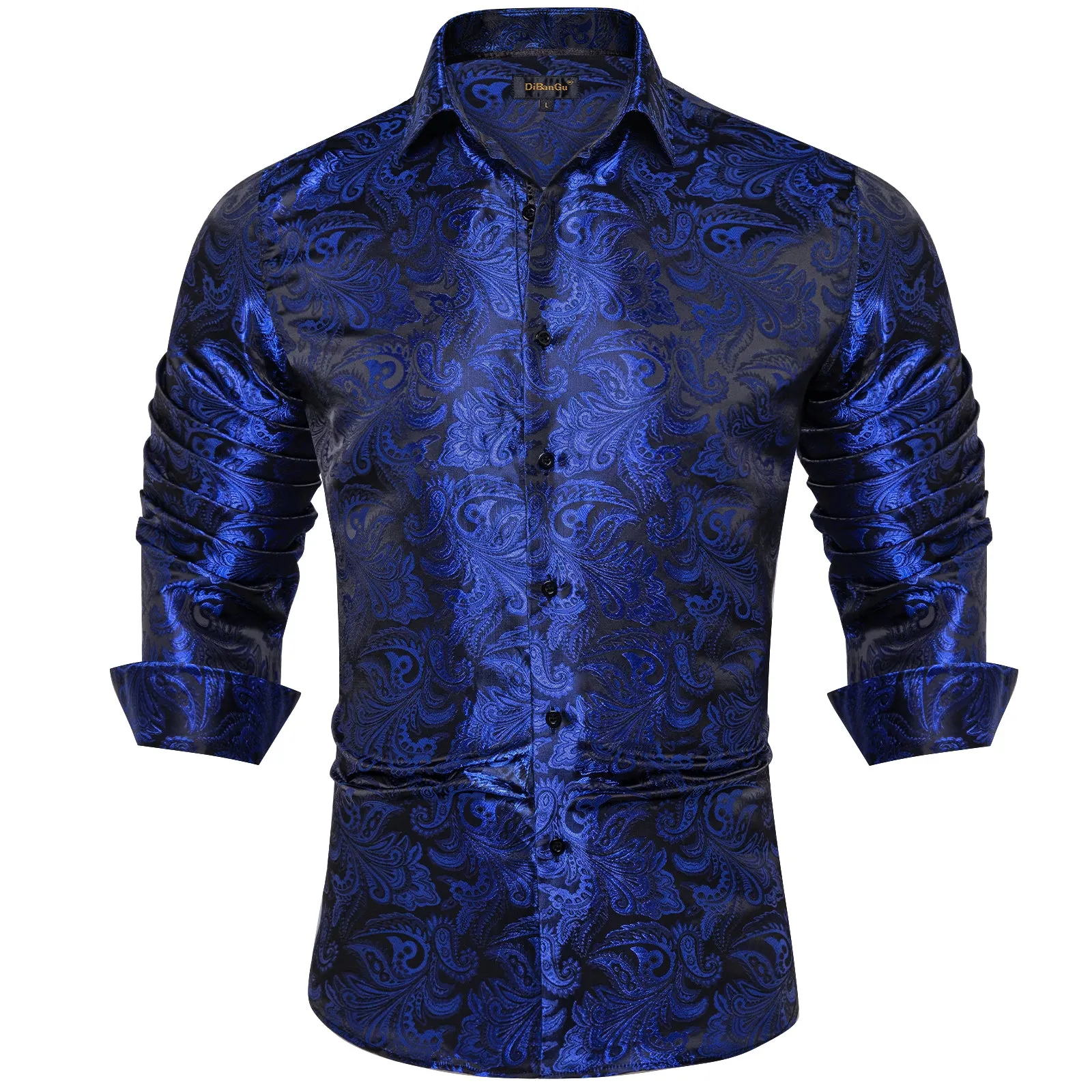 DiBanGu Shirts for Men Blue Floral Silk Men's Long Sleeve Shirt