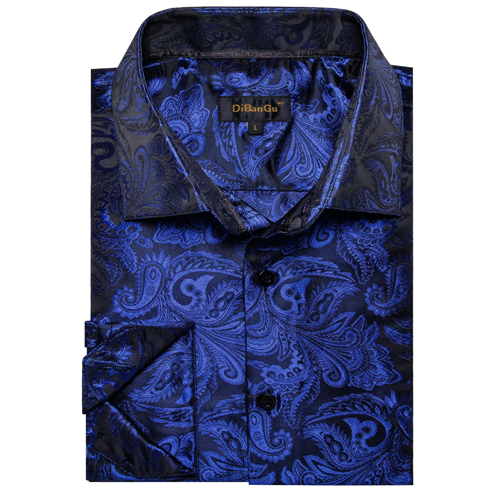 DiBanGu Shirts for Men Blue Floral Silk Men's Long Sleeve Shirt