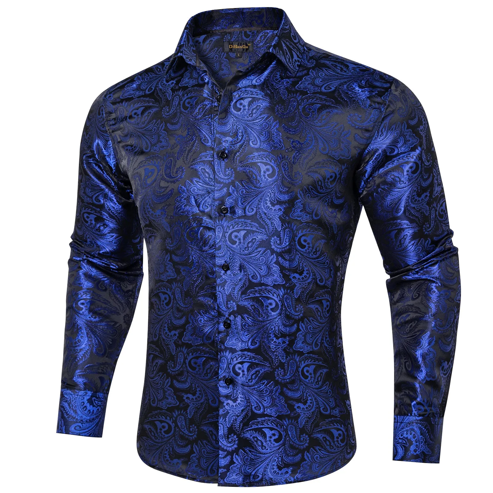 DiBanGu Shirts for Men Blue Floral Silk Men's Long Sleeve Shirt