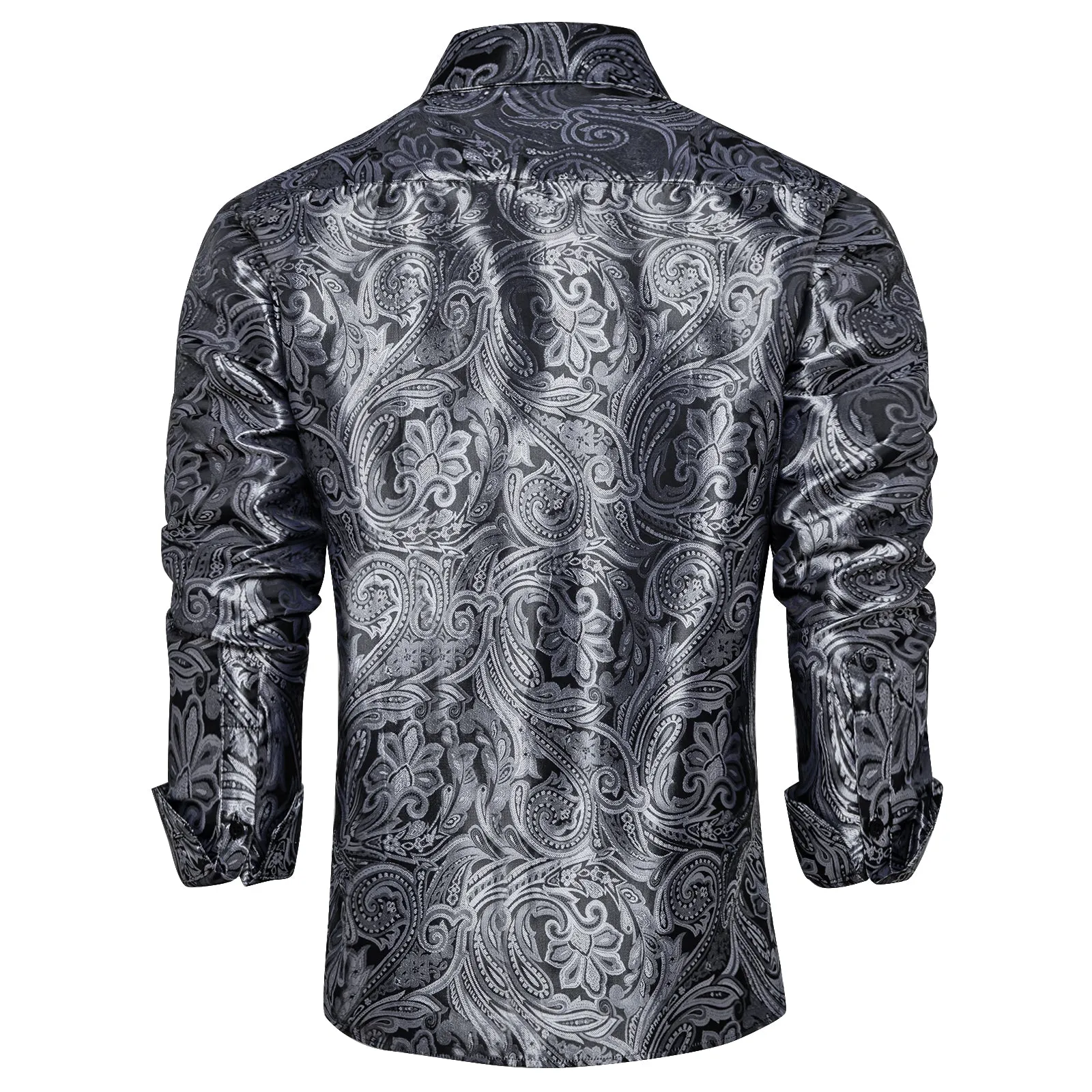 DiBanGu Shirts for Men Grey Silver Floral Silk Men's Long Sleeve Shirt