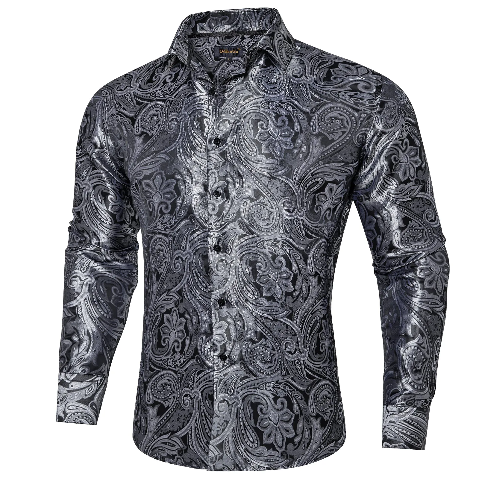 DiBanGu Shirts for Men Grey Silver Floral Silk Men's Long Sleeve Shirt