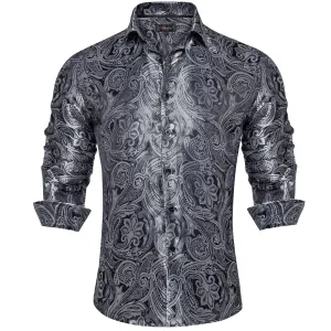 DiBanGu Shirts for Men Grey Silver Floral Silk Men's Long Sleeve Shirt