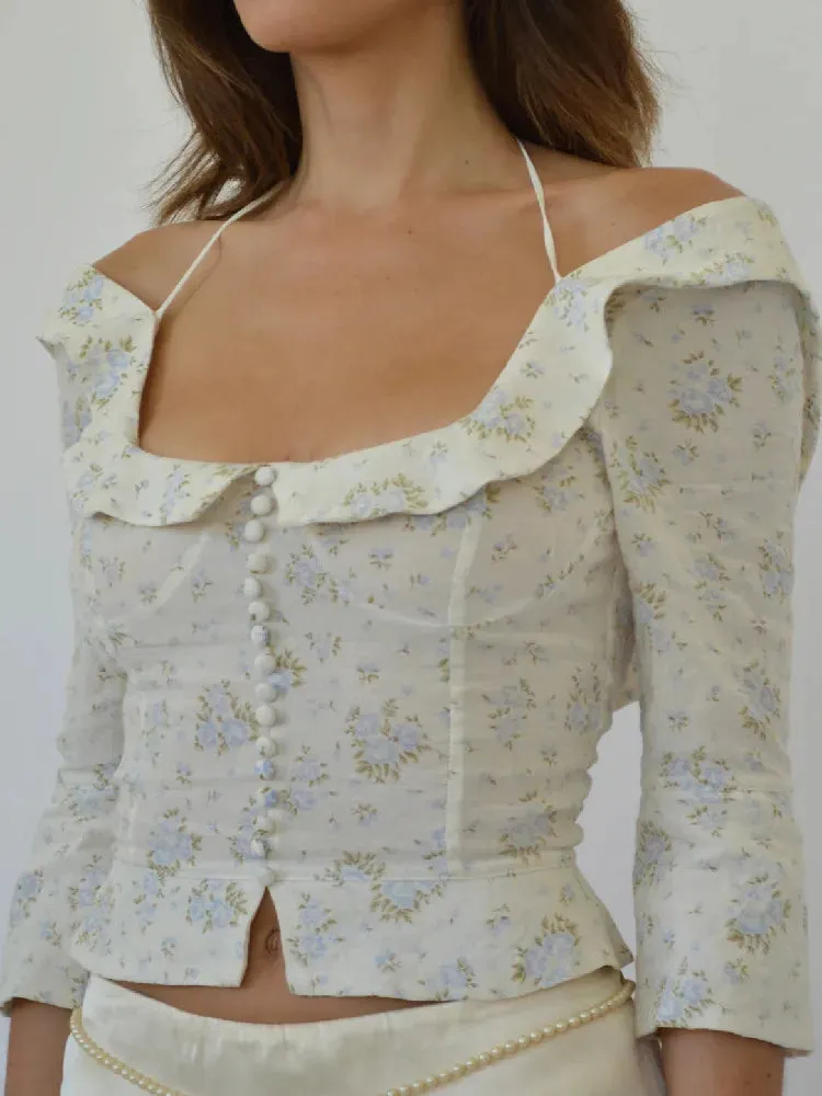 Floral Wood Ruffle Square Sweet Blouse with Sexy Corset Cross