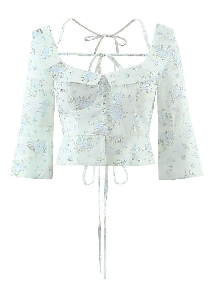 Floral Wood Ruffle Square Sweet Blouse with Sexy Corset Cross