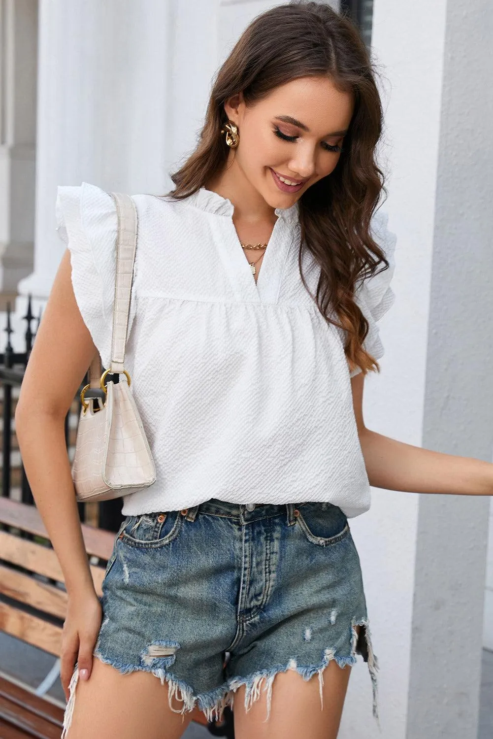 Flutter Sleeve Notch Neck White Summer Top for Women