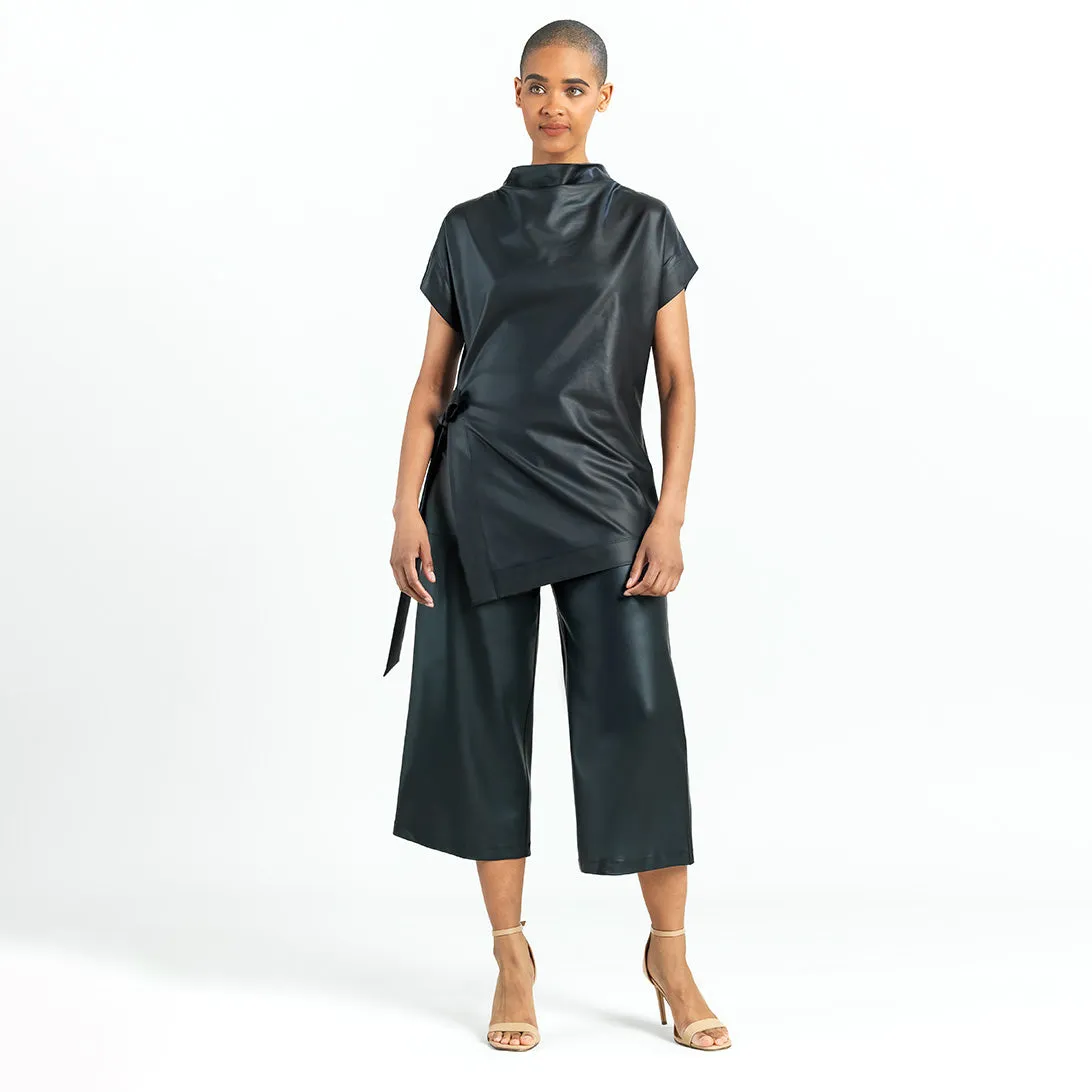 Liquid Leather™ - Funnel Neck Side Vent Tie Tunic - Black - Final Sale!