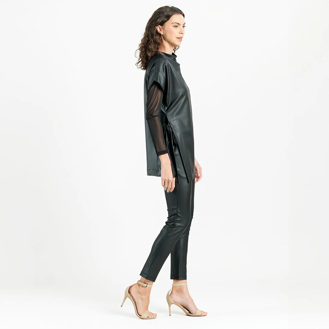 Liquid Leather™ - Funnel Neck Side Vent Tie Tunic - Black - Final Sale!