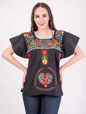 Mexican Tehuacan Full Embroidered Blouse Black