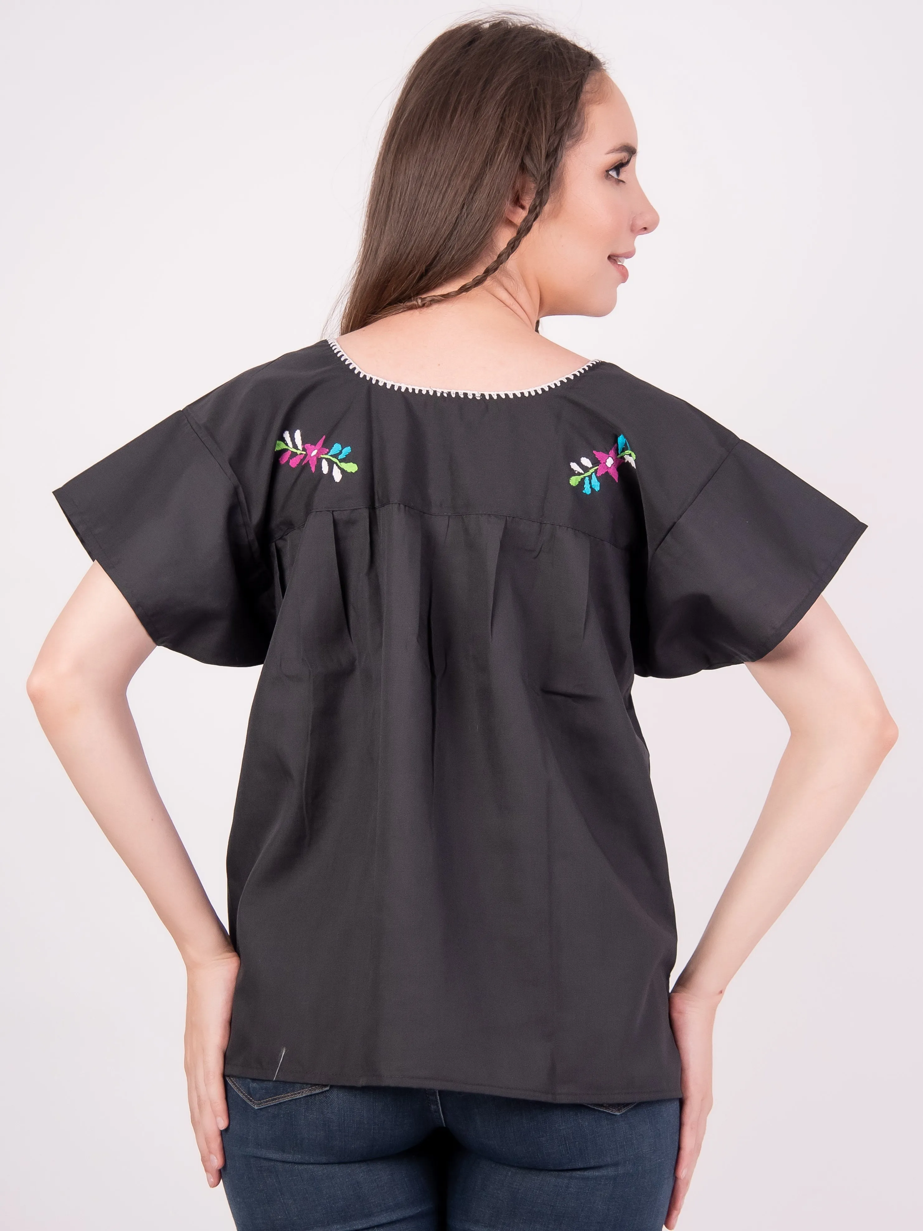 Mexican Tehuacan Full Embroidered Blouse Black