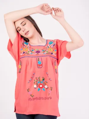 Mexican Tehuacan Full Embroidered Blouse Coral