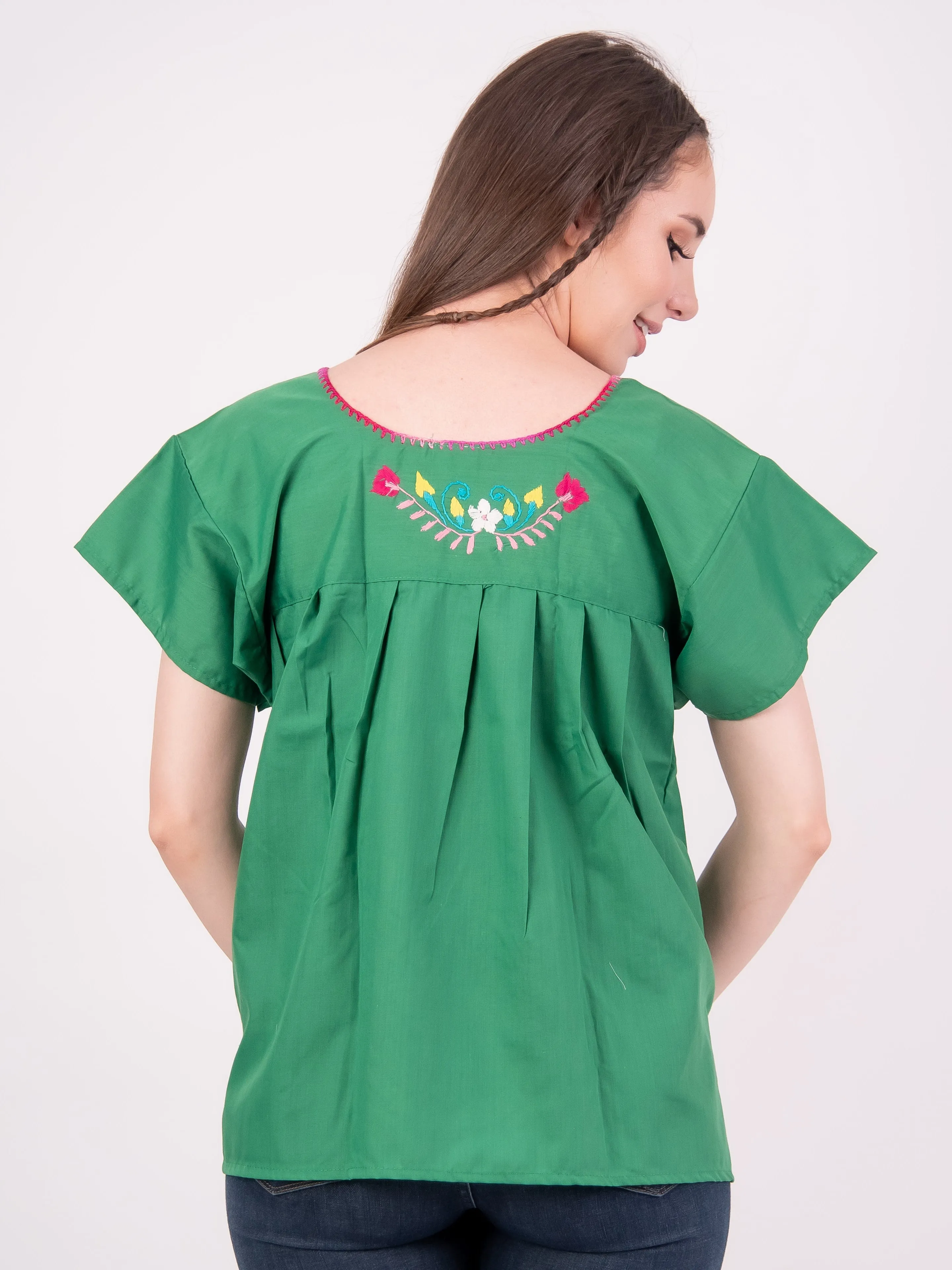 Mexican Tehuacan Full Embroidered Blouse Green