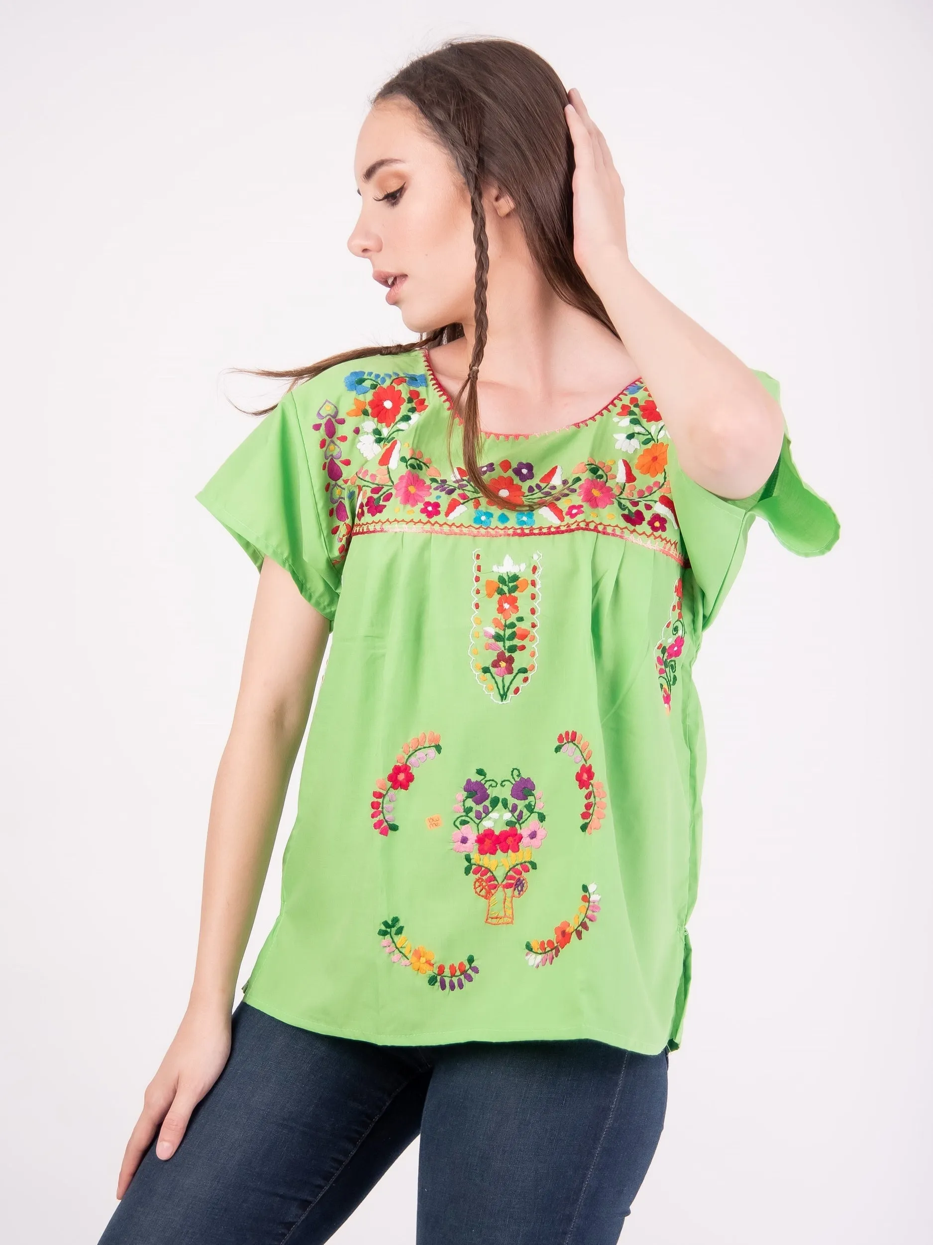 Mexican Tehuacan Full Embroidered Blouse Lime Green