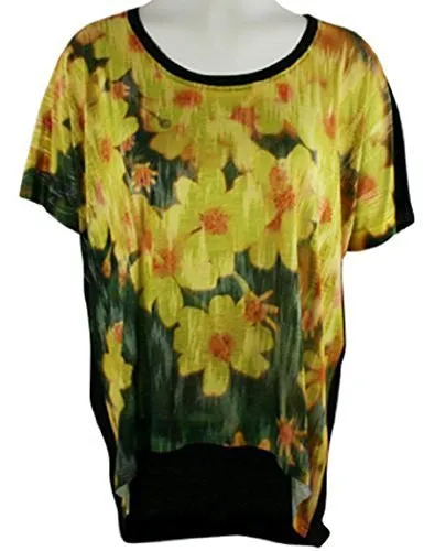 Nally & Millie - Yellow Daisy Flowers, Hi-Lo Hem, Scoop Neck, Short Sleeve Top