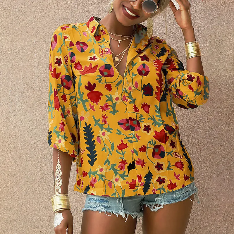 New Chiffon Top Floral Long Sleeve Button Shirt