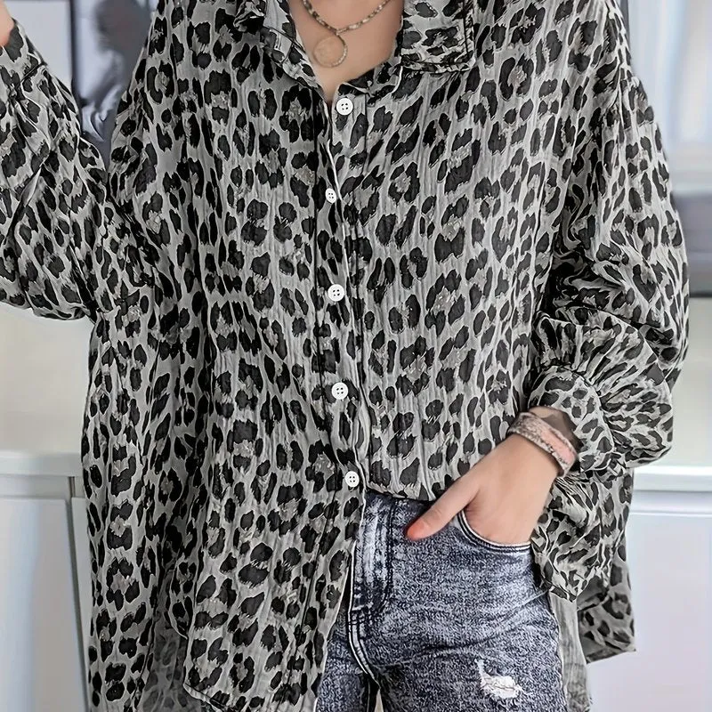 Oversized Leopard Print Casual Blouse for Plus Size Women