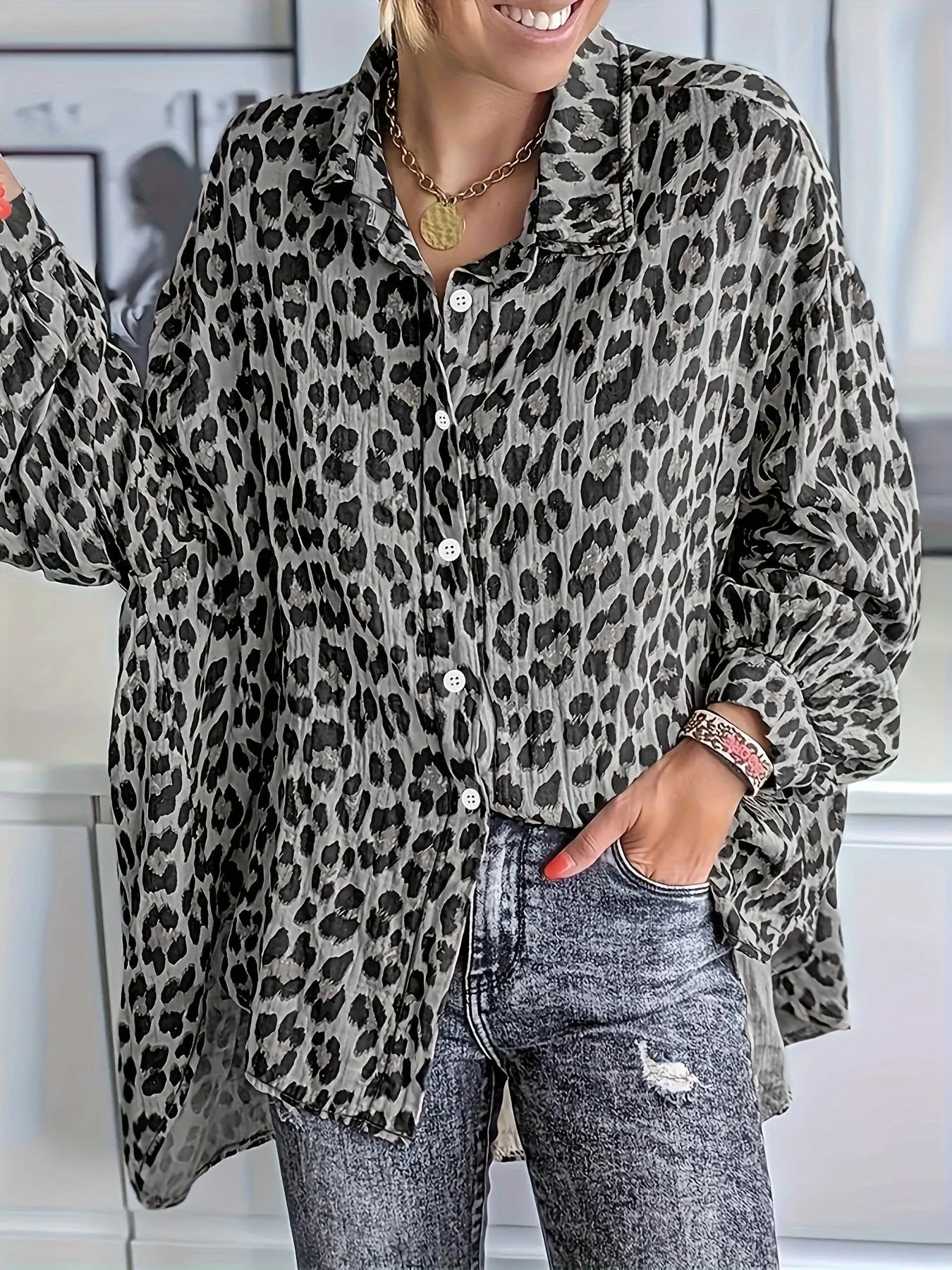 Oversized Leopard Print Casual Blouse for Plus Size Women