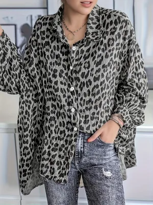 Oversized Leopard Print Casual Blouse for Plus Size Women