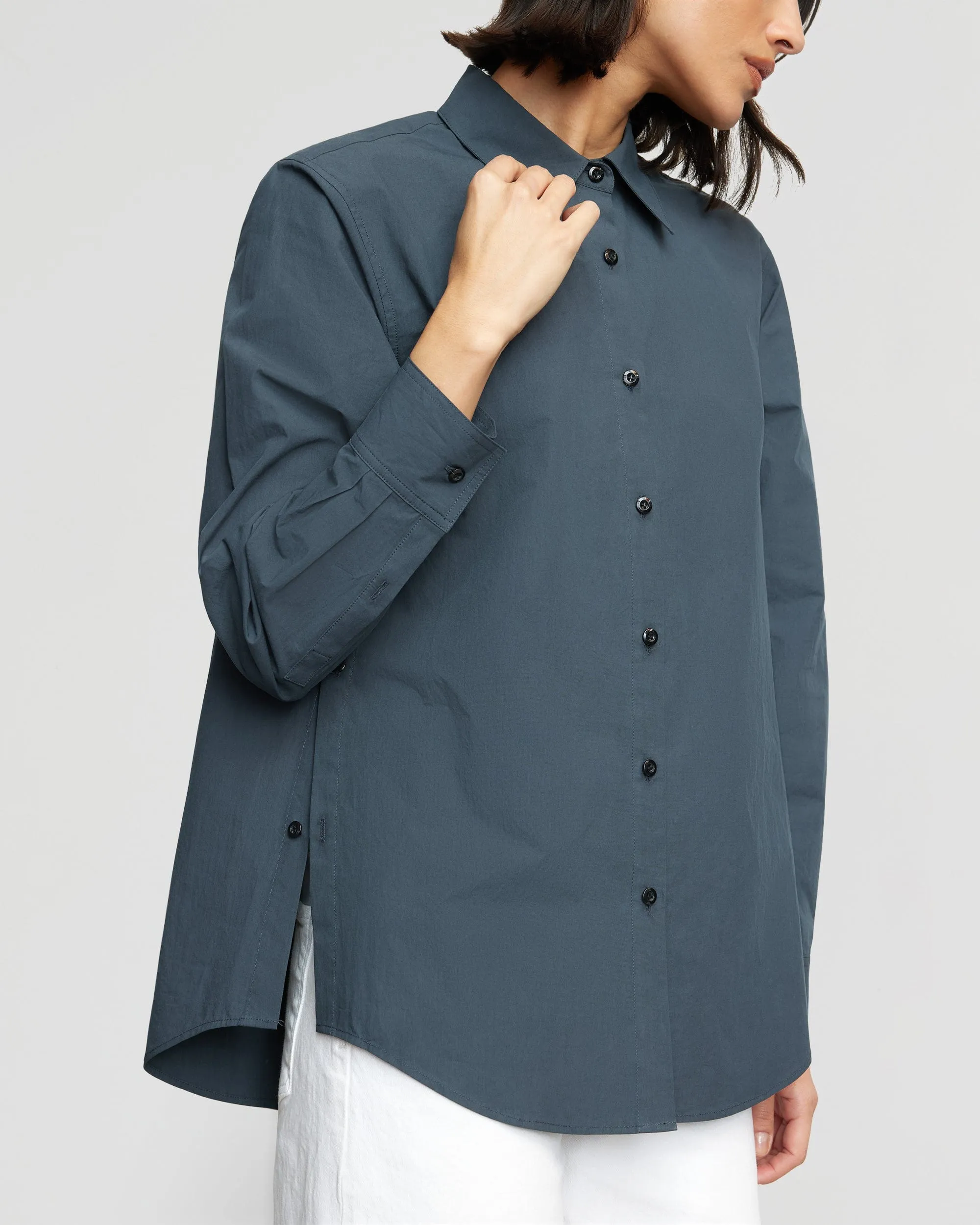 Phoebe Side-Button Tulip-Hem Shirt