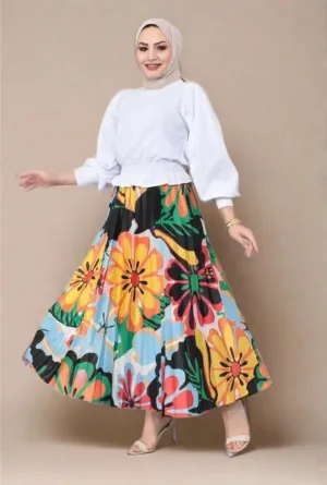 Pleated Long Maxi Skirt with Floral Pattern