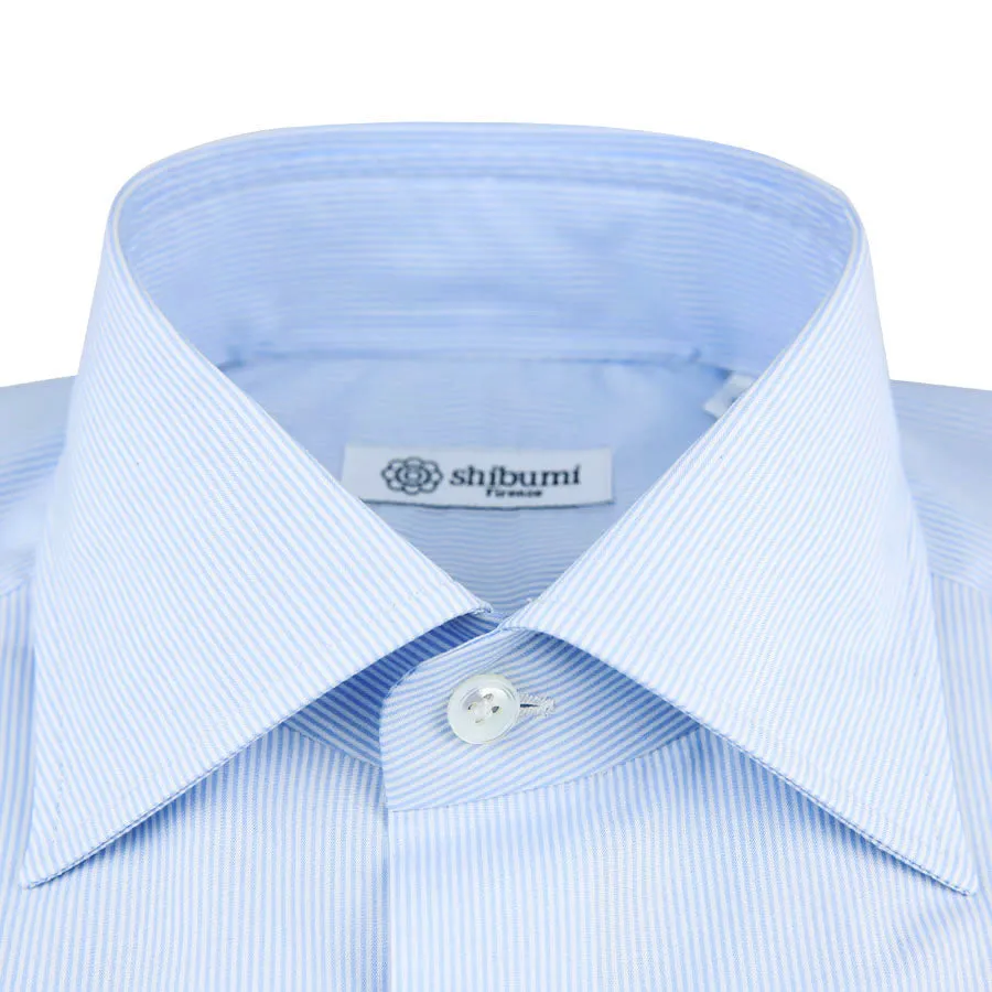 Poplin Semi Spread Shirt - White / Blue - Hairline Stripe