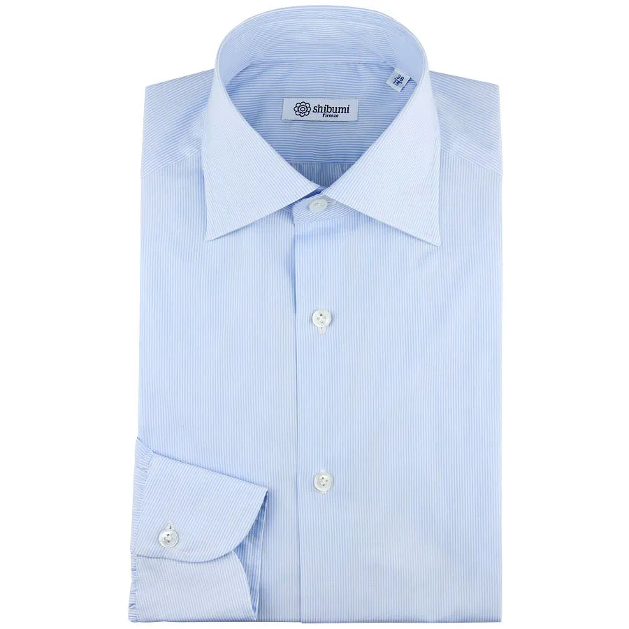 Poplin Semi Spread Shirt - White / Blue - Hairline Stripe