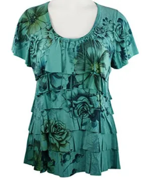 Pretty Woman - Double Ruffle, Scoop Neck, Cap Sleeve, Sublimation Print Jade Top