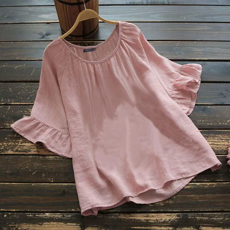 Pure color short-sleeved ruffled blouse, summer shirt, women's cotton and linen casual shirt