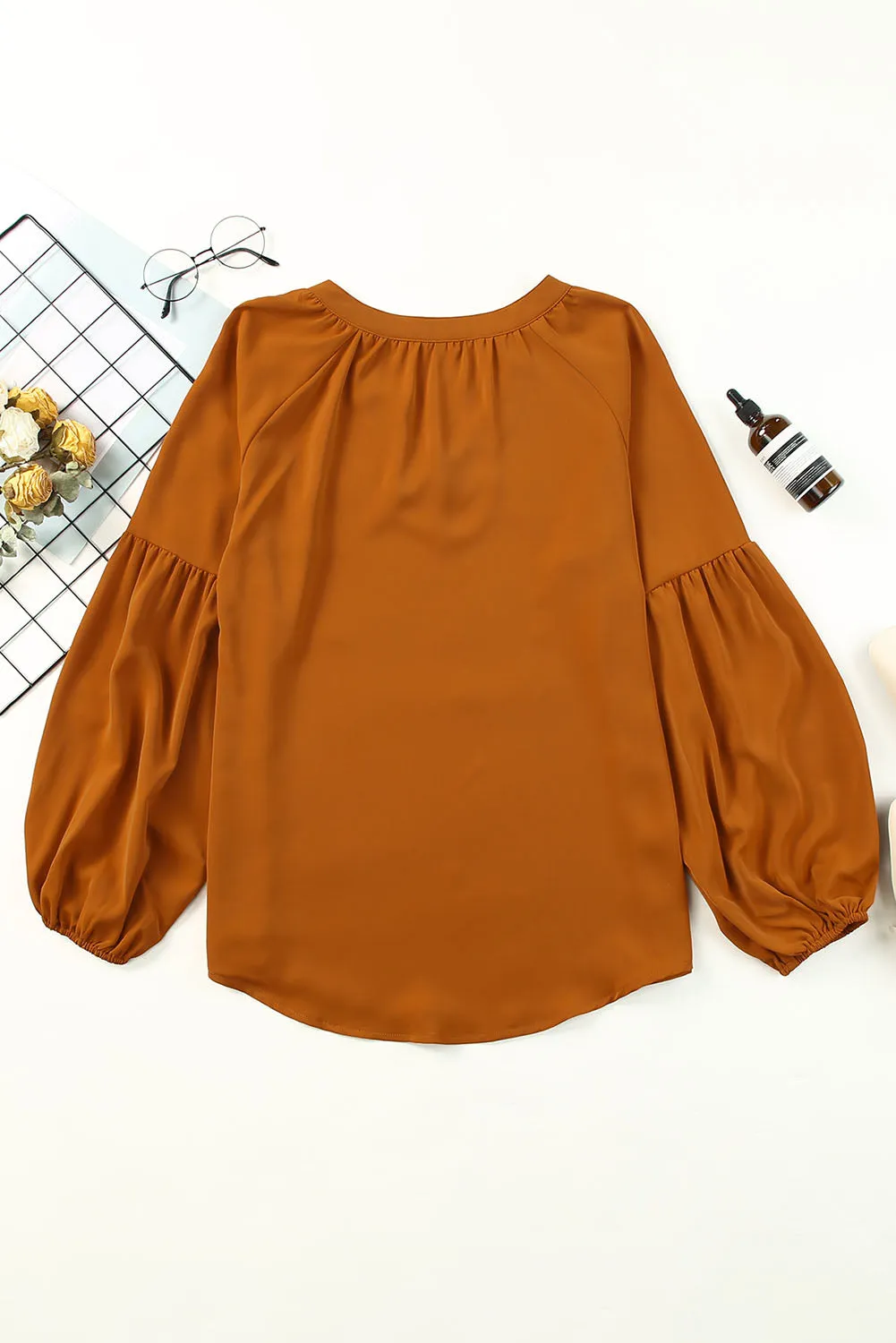 Ruched Notched Balloon Sleeve Blouse