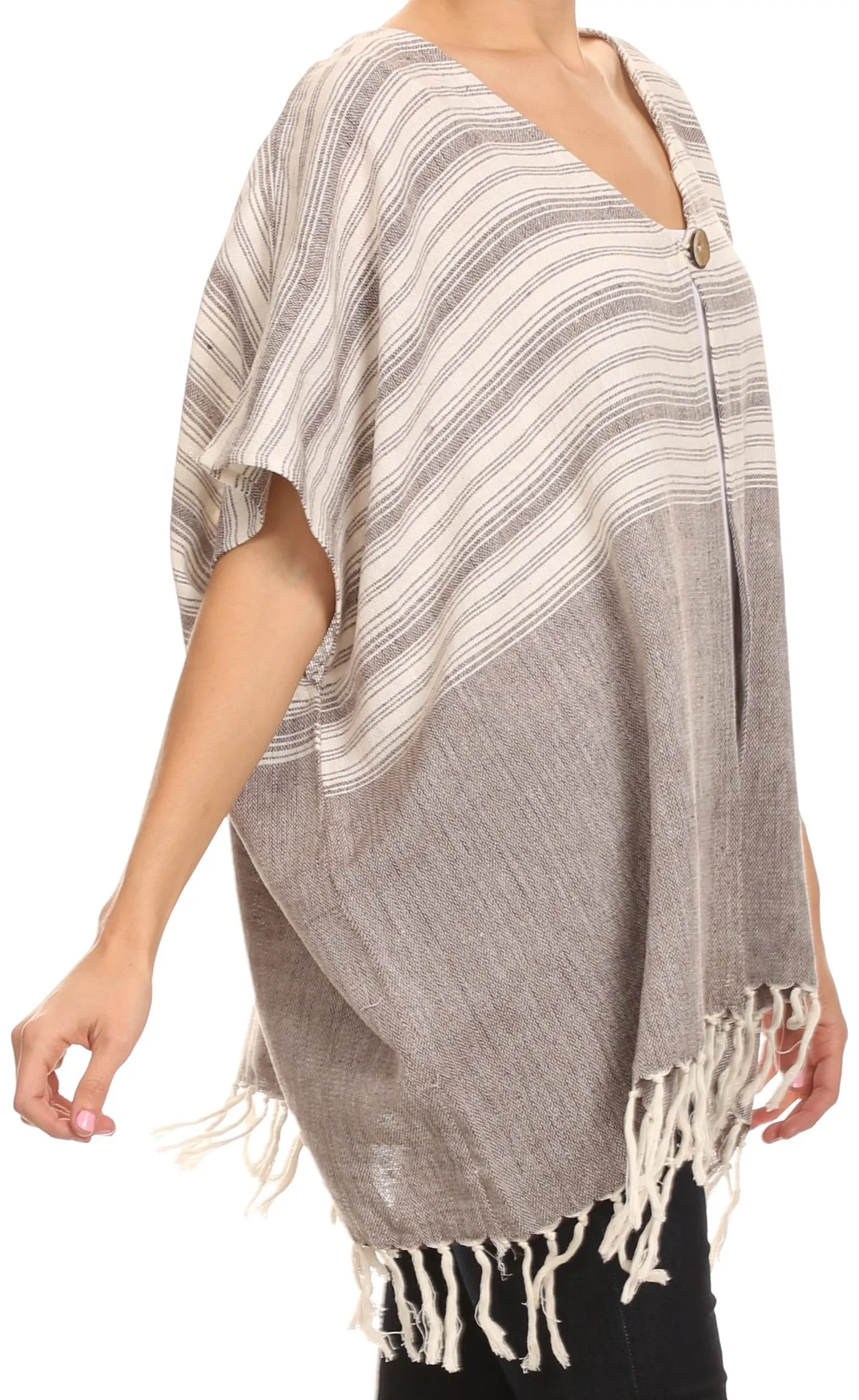 Sakkas Lisk Wide Mid Length Square Knit Fringe Open Button Up Shrug Cover Wrap