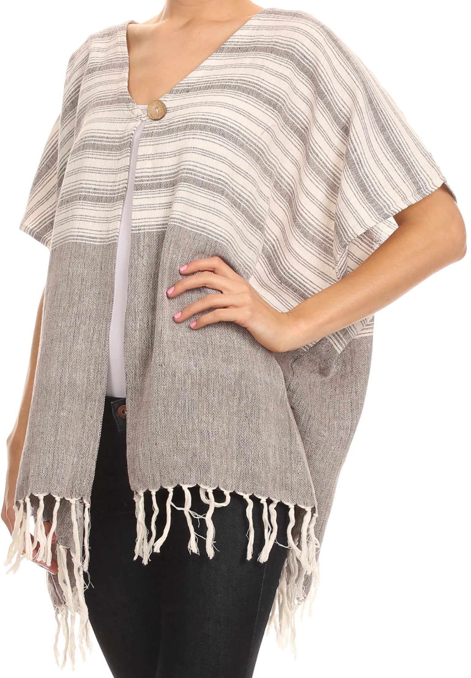 Sakkas Lisk Wide Mid Length Square Knit Fringe Open Button Up Shrug Cover Wrap