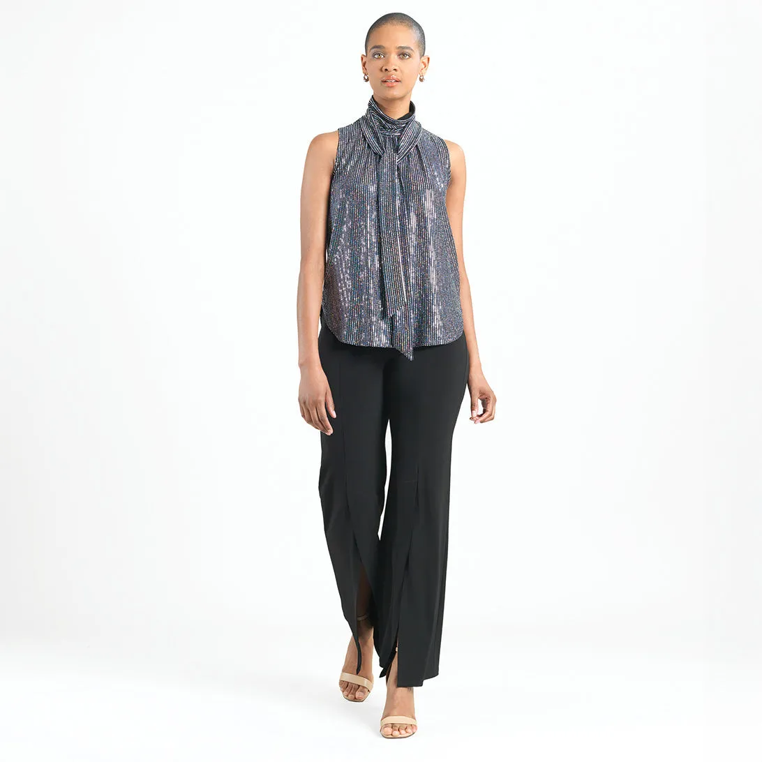 Shimmer Sequin - Mock Neck-Tie Detail Top - Silver Pinstripe