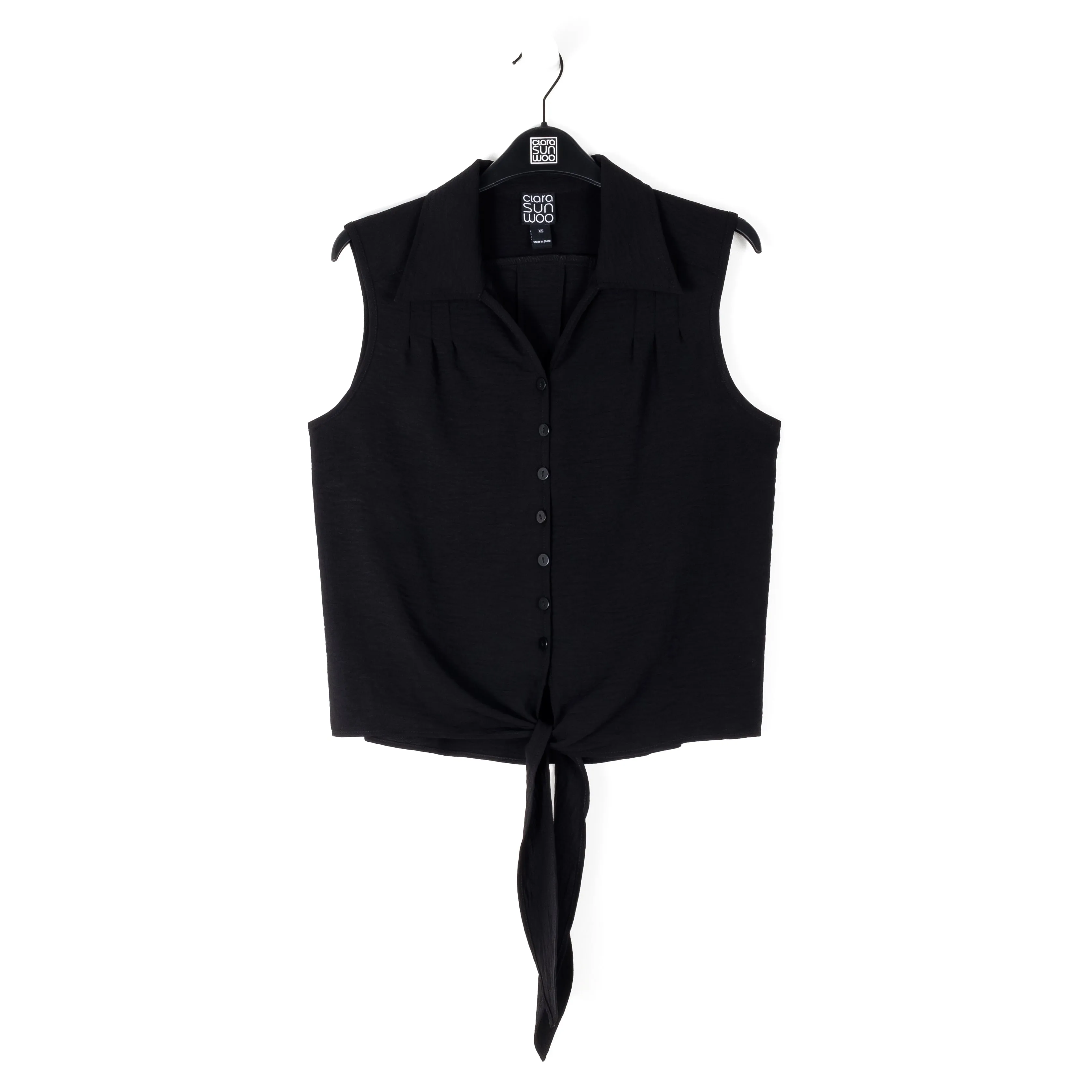 Soft Textured Rayon - Sleeveless Button Down Tie Hem Top - Black