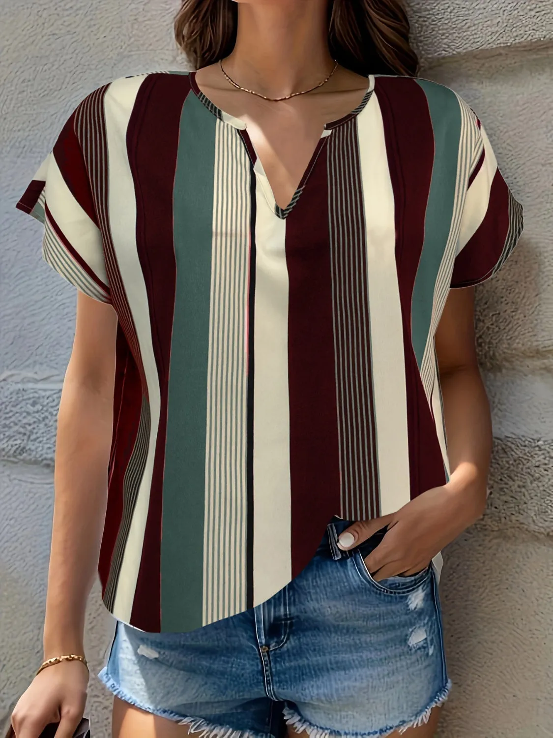 Striped Notched Short Sleeve Blouse