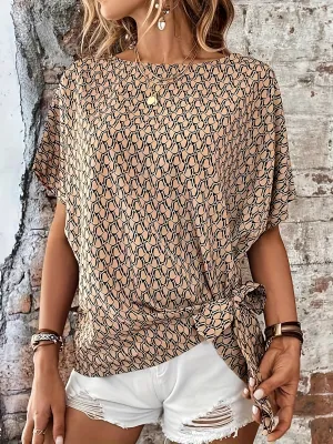 Stylish Plus Size All Over Print Lace Up Blouse