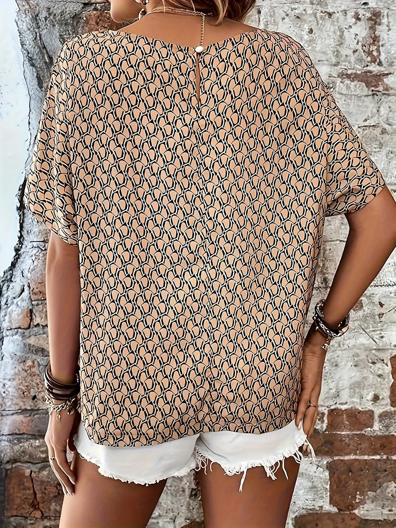 Stylish Plus Size All Over Print Lace Up Blouse