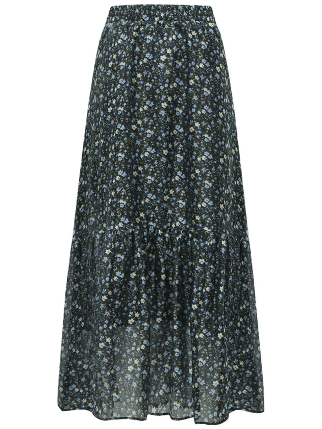 Summery Floral A Line Pleated Black Midi Skirt