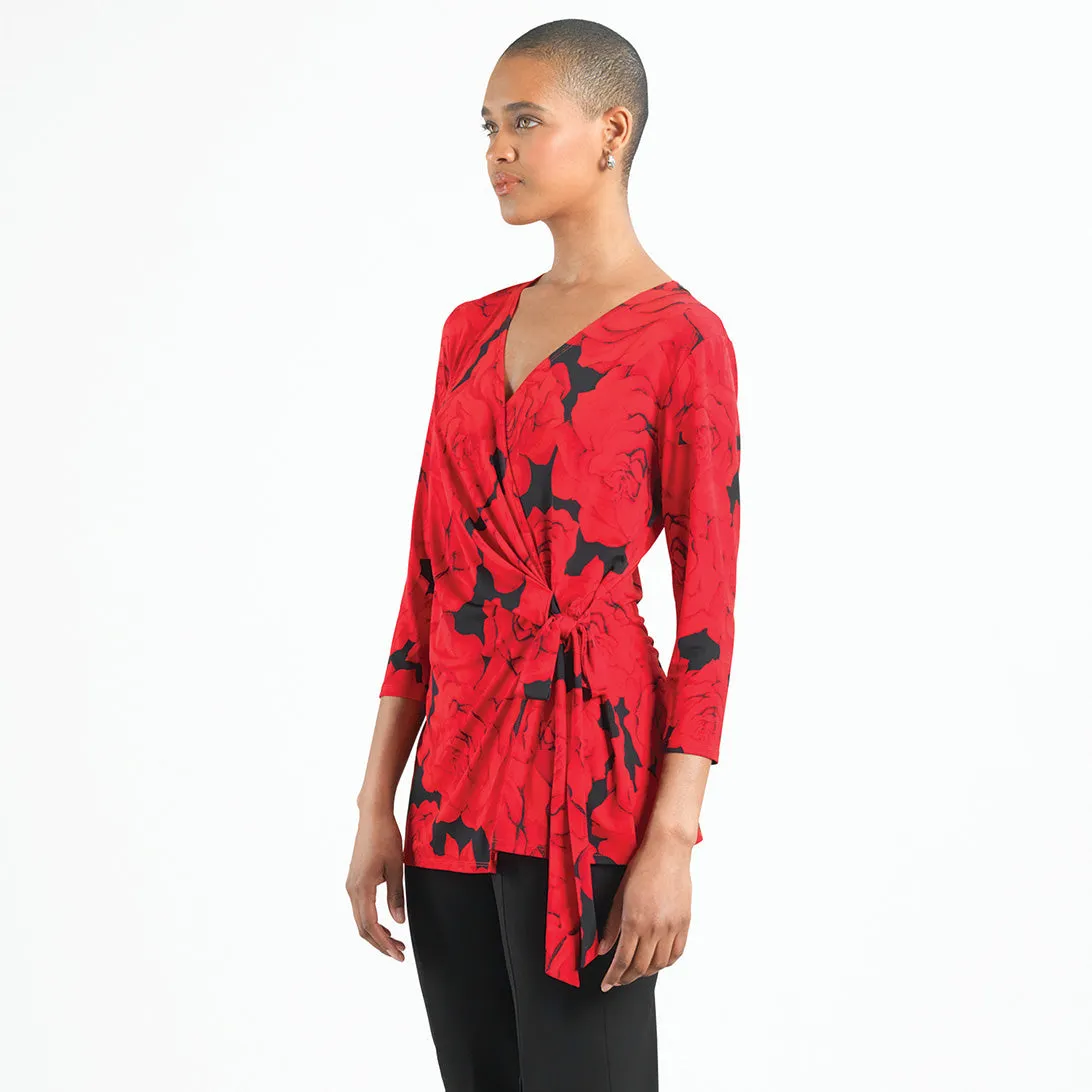 Surplice Faux Wrap Side Tie Tunic - Rose Floret