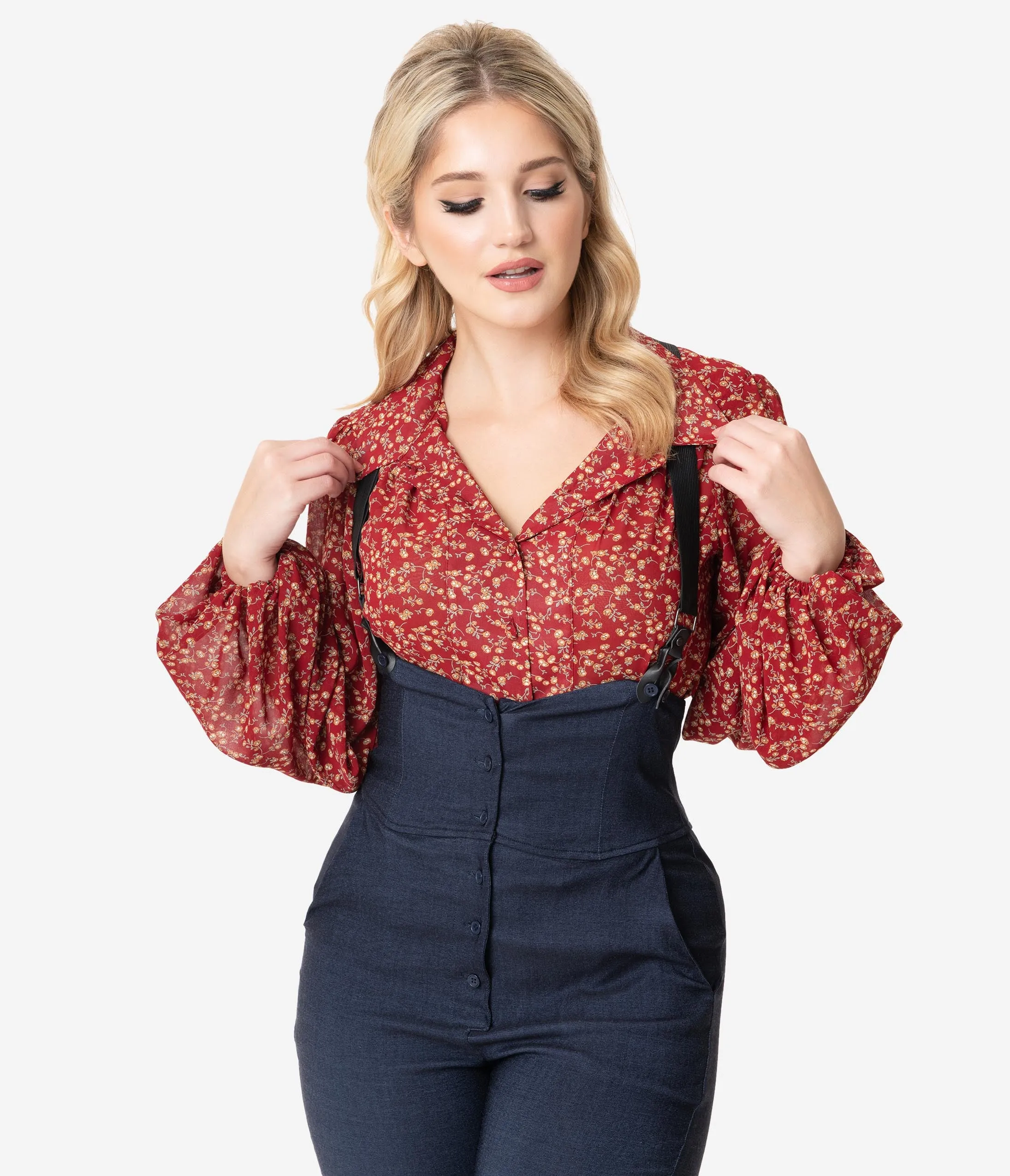 Unique Vintage Red & Rust Floral Vine Francesca Blouse