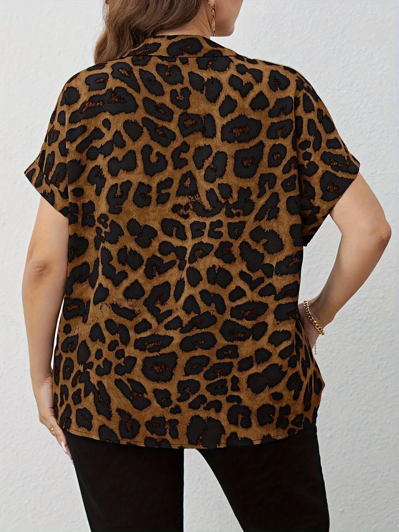 Womens Plus Leopard Bat Sleeve Blouse with Turn Down Collar