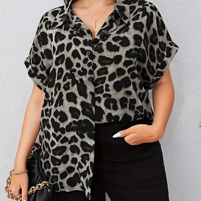 Womens Plus Leopard Bat Sleeve Blouse with Turn Down Collar