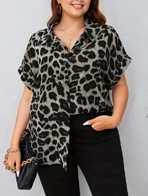 Womens Plus Leopard Bat Sleeve Blouse with Turn Down Collar